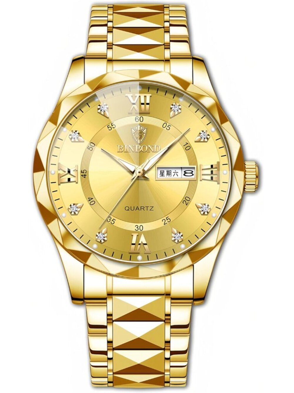 Unisex Gold Analog Stainless Steel Roman Numeral Diamond Waterproof Luxury Watch